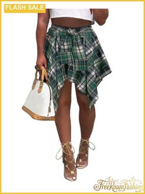 Women's High Waisted Asymmetrical Hem Plaid Pleated Mini Skirt